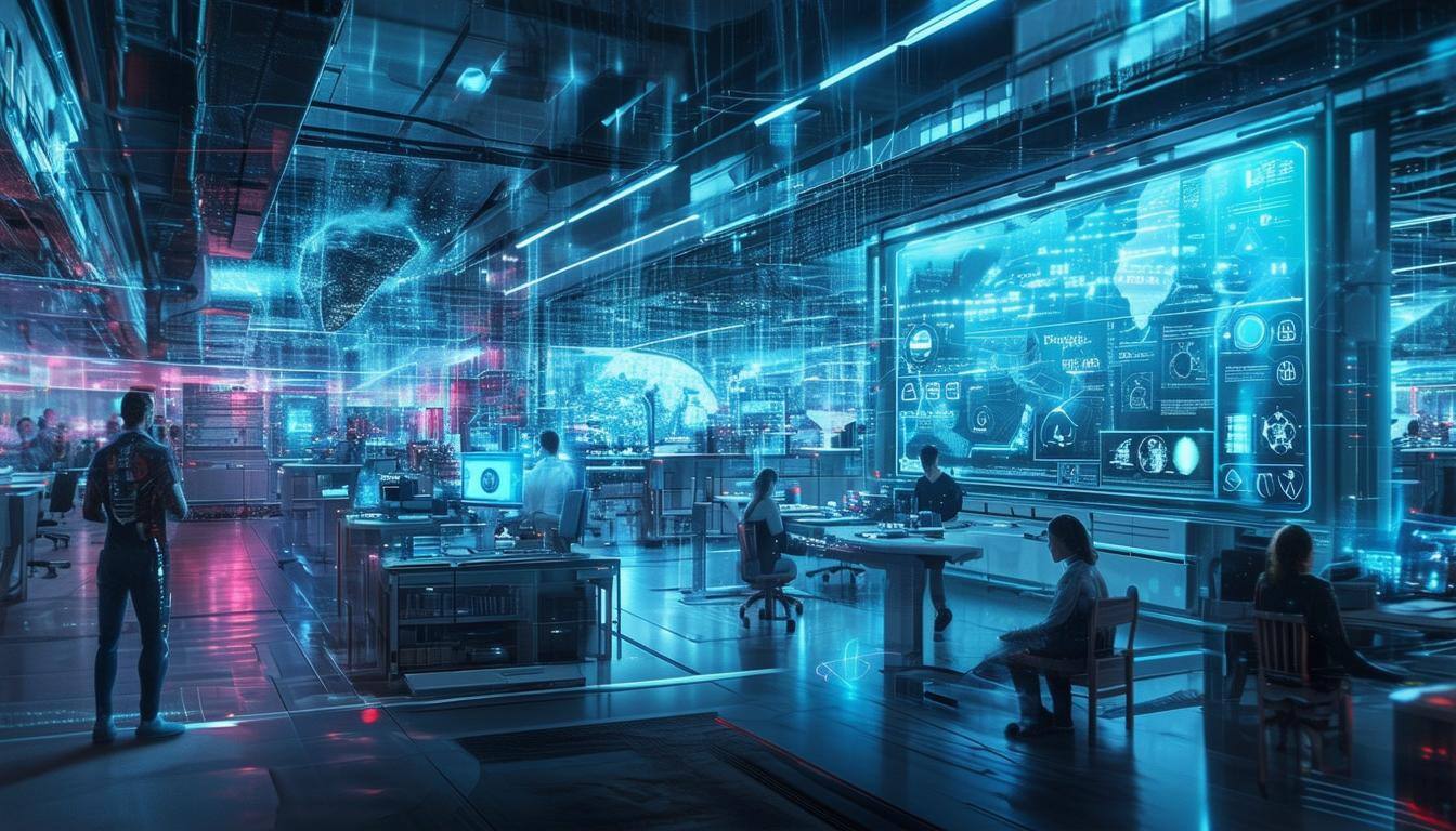 An image of a futuristic world where AI and human optimization have transformed society in various aspects such as healthcare, education, and scientif