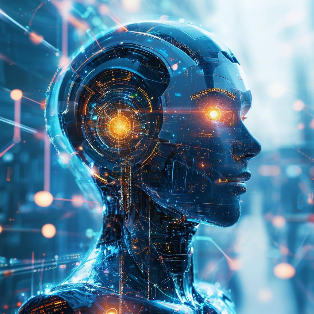An image of the future where AI and human optimization work together to transform society in various ways, such as augmented intelligence, healthcare