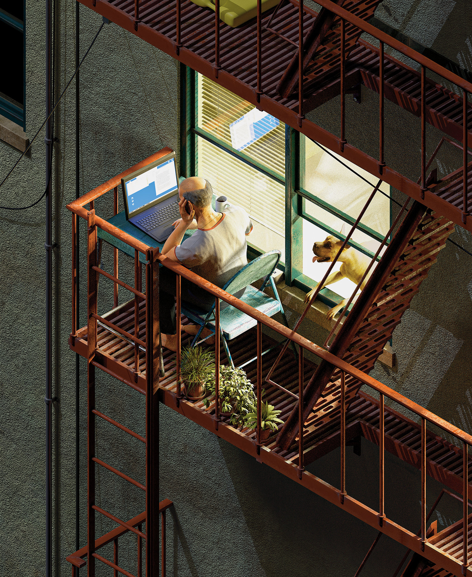 Fire Escape - Working Remote NYTimes Josh Harcus Illustration by Max Guther